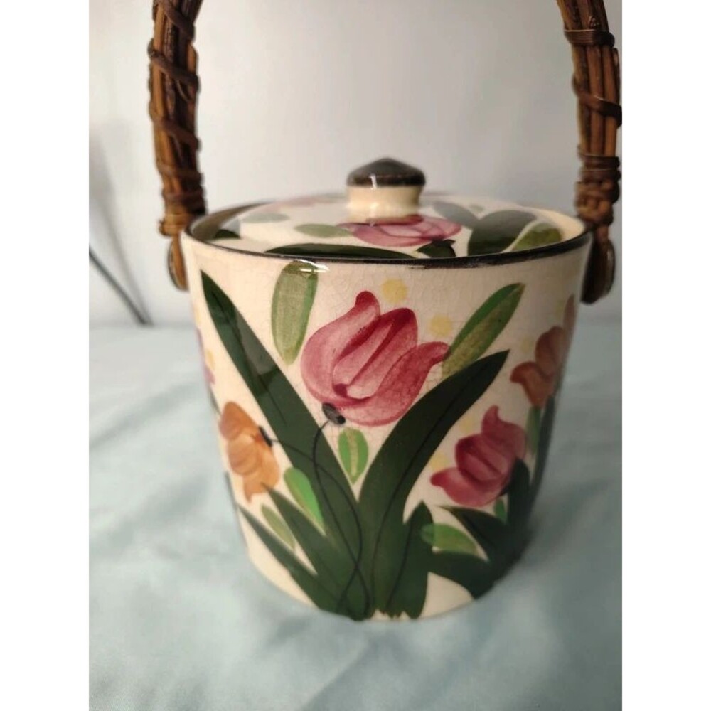 VTG Hand-Painted Ceramic Biscuit/Cookie Jar with Wicker Handle